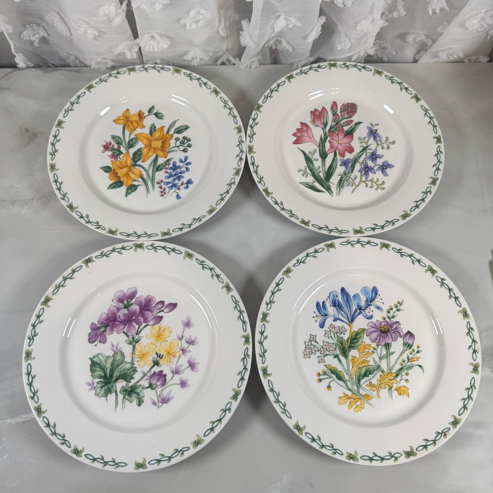Set of 4 Thomson Pottery Floral Garden Dinner Plates Assorted Flower Designs